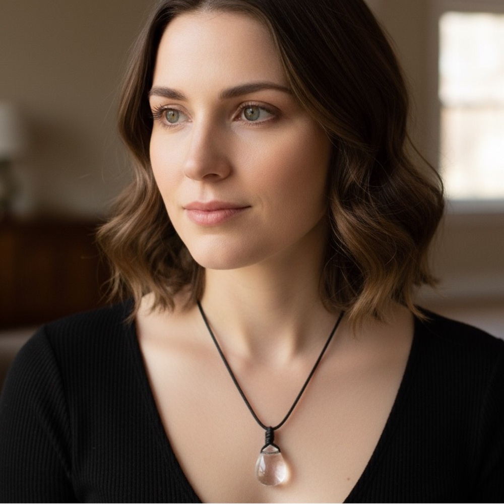 Teardrop Quartz Clear Crystal Pendant Necklace on Black Leather Knotted Cord